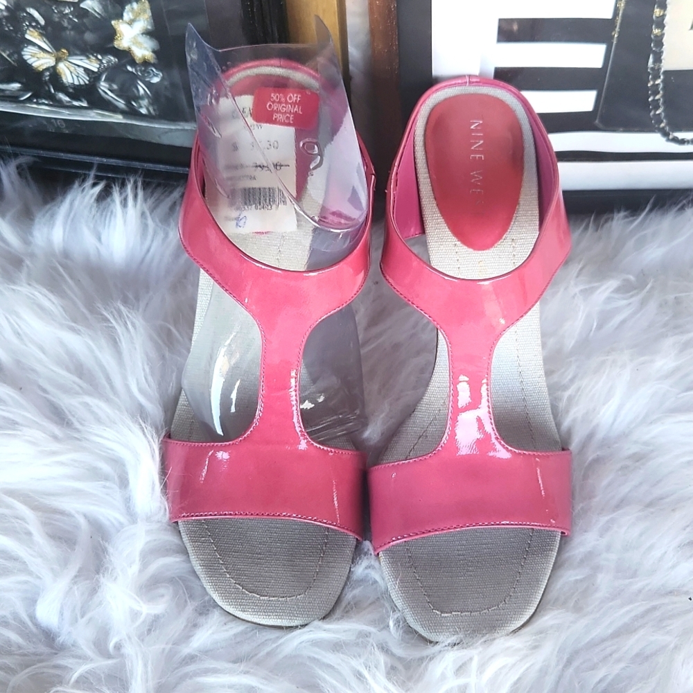 Nine West Pink Patent T-Strap Sandals